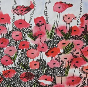 Watercolour and pen illustration of a field of poppies