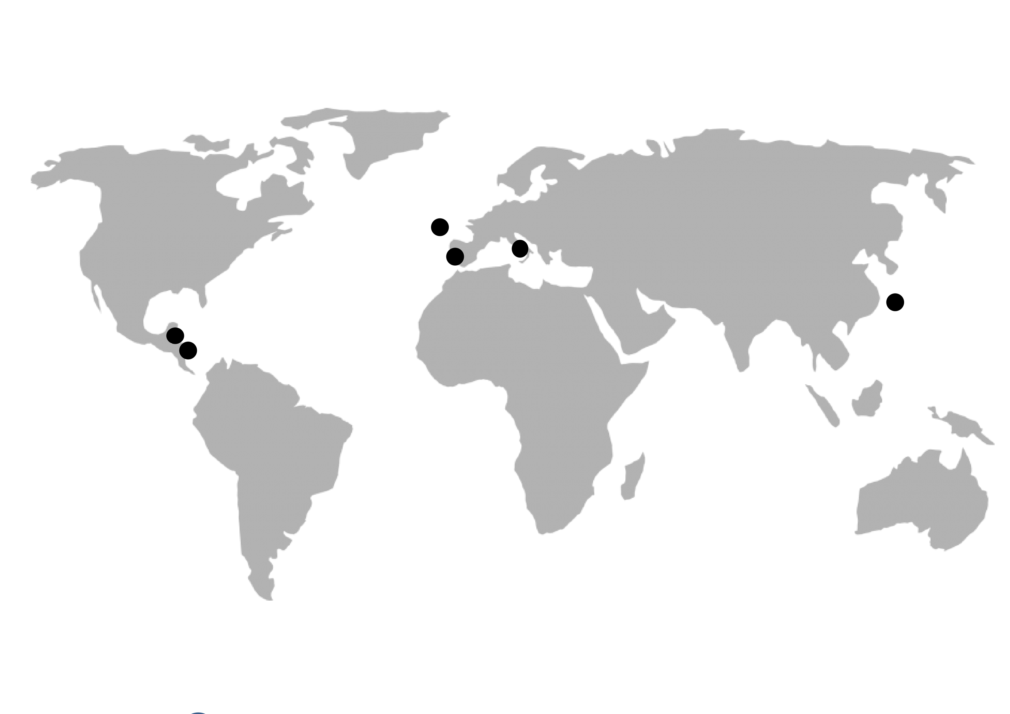 Image of a grey map of the world with black dots over Guatamala, Honduras, Japan, Spain and Scotland